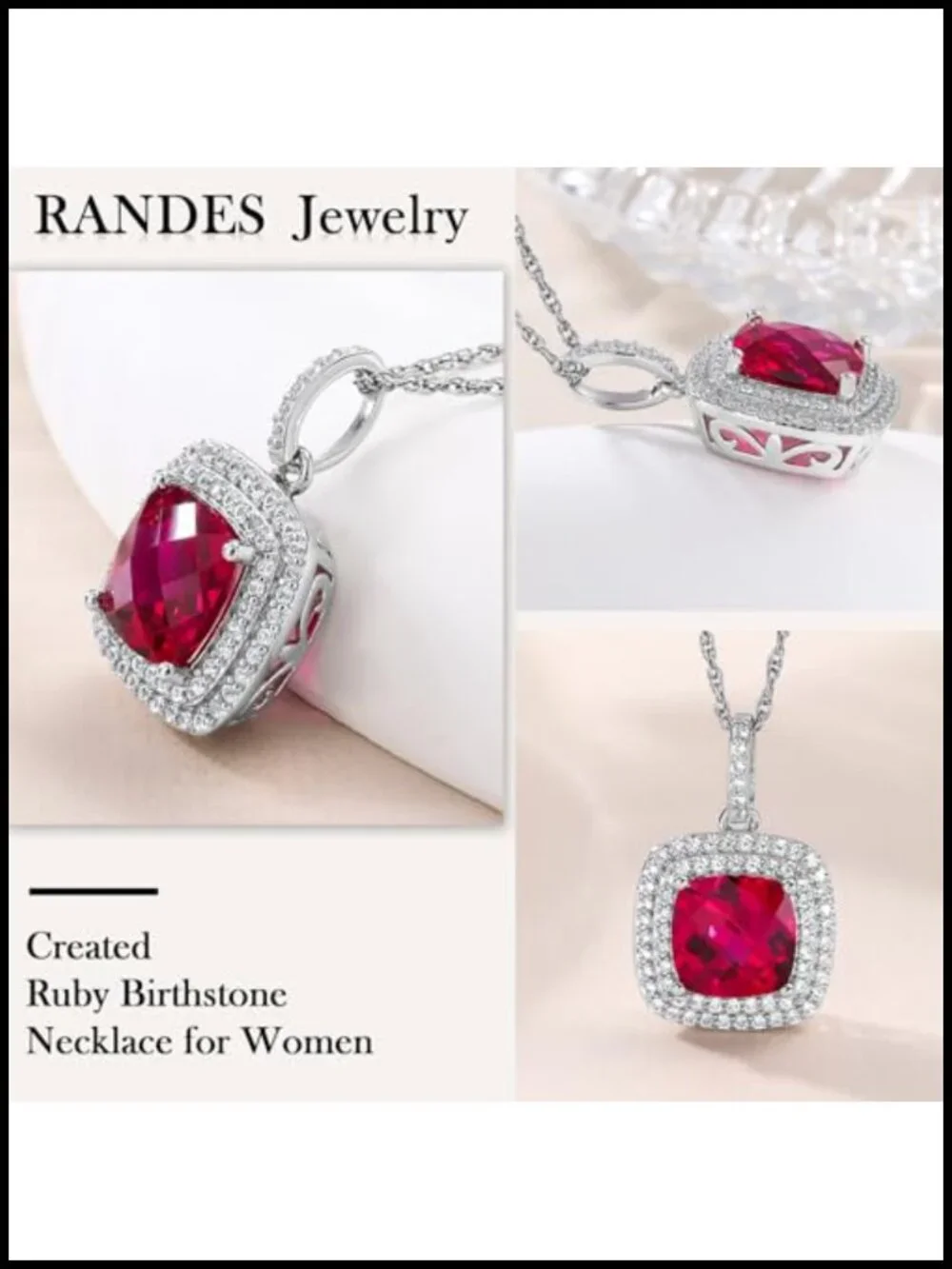 925 Sterling Silver Cushion Cut Ruby Halo Pendant Necklace